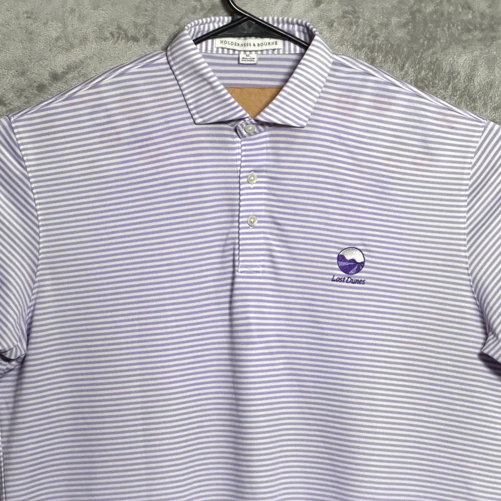 Holderness & Bourne Polo Shirt Mens XL Purple White Striped Lost Dunes Golf